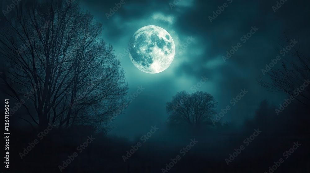 Enchanting Moonlit Night Landscape with Silhouetted Trees and Dramatic Clouds in the Sky Enchanting Moonlit Night Landscape with Silhouetted Trees and Dramatic Clouds in the Sky