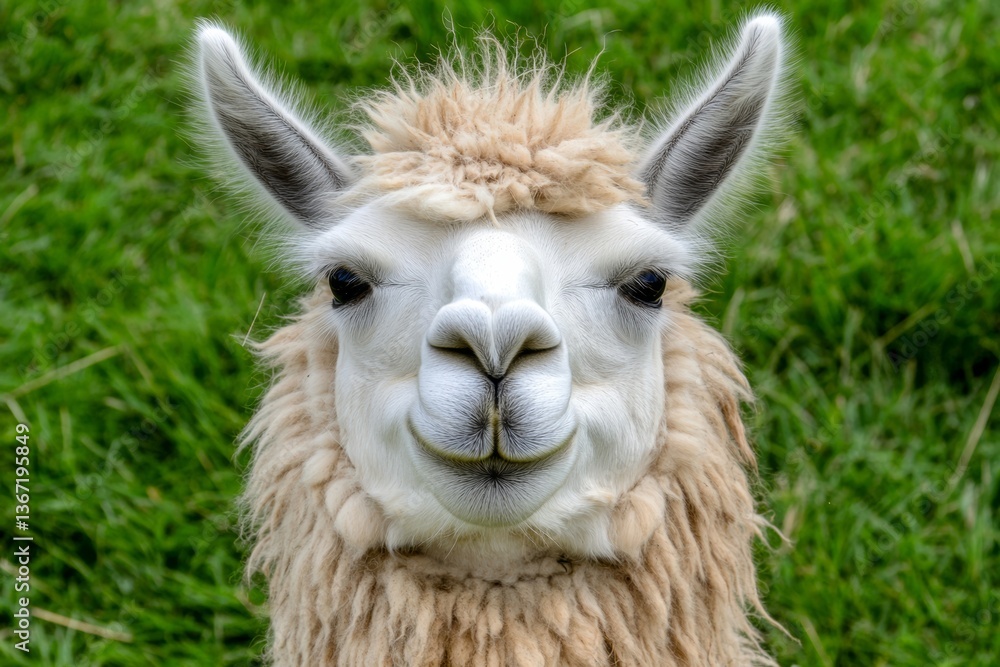 Fototapeta premium Close-up portrait photo of a fluffy adult llama with white fur and a gentle smile, standing against a soft green meadow background