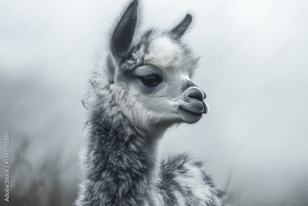 Fototapeta premium Close-up portrait photo of a fluffy baby llama with gray and white fur, standing against a foggy valley background
