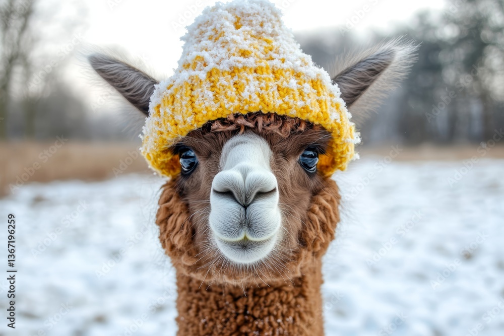 Fototapeta premium Close-up portrait photo of a playful alpaca with brown and white fur, wearing a cute yellow hat with ear flaps, standing in a frost-covered field