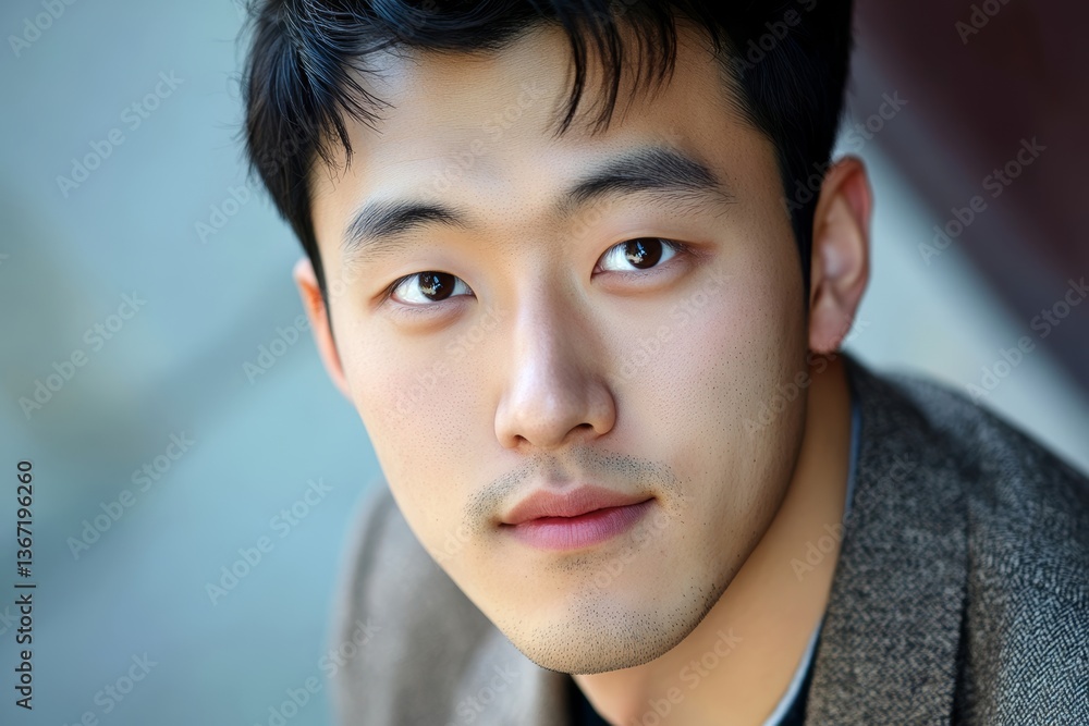 Close-up portrait photo of a princely Korean man in his mid-20s, with flawless skin and soft features, wearing a casual blazer and gazing thoughtfully into the camera
Close-up portrait photo of a princely Korean man in his mid-20s, with flawless skin and soft features, wearing a casual blazer and gazing thoughtfully into the camera