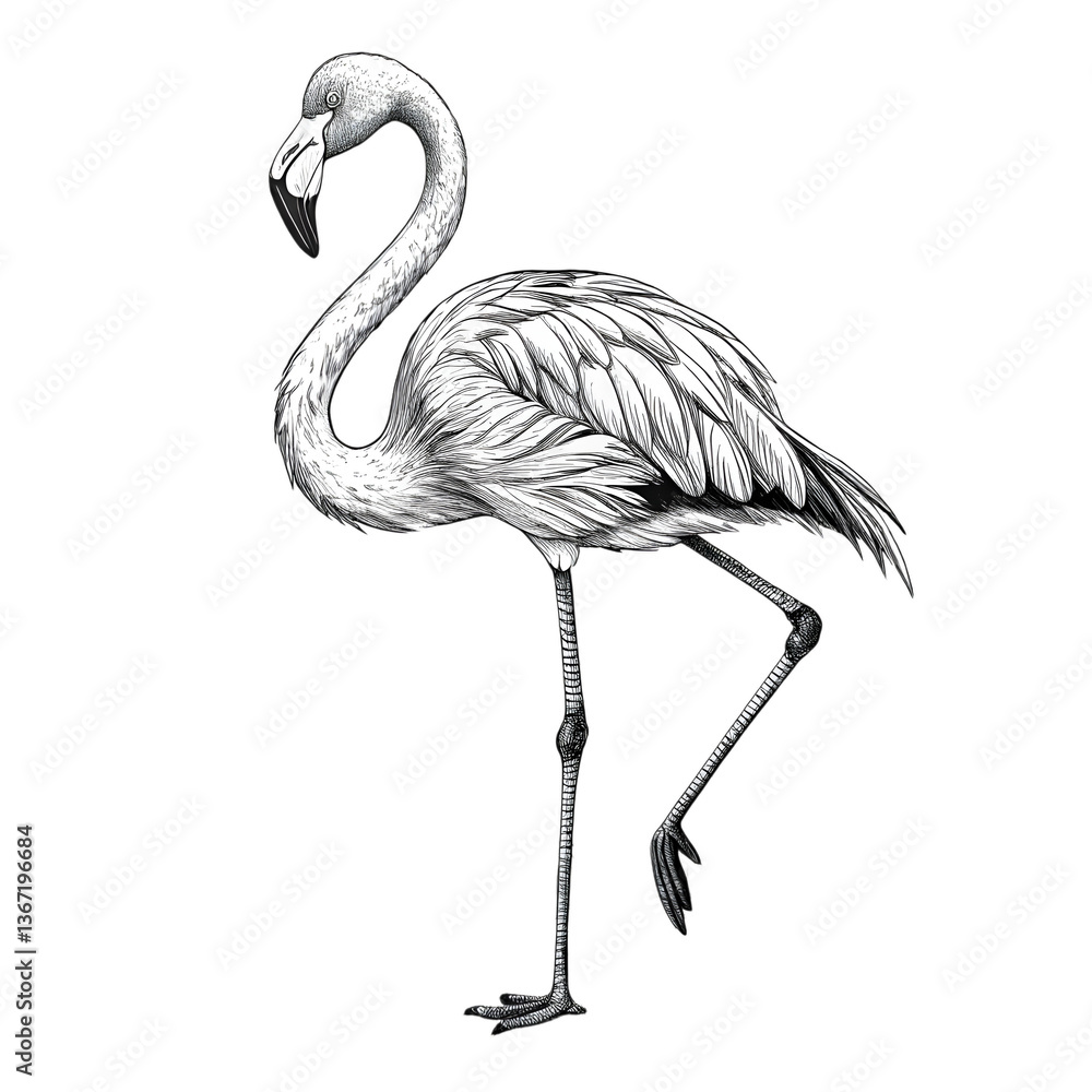 Fototapeta premium Elegant Flamingo Pose: A monochrome illustration of a flamingo, showcasing its graceful posture with one leg raised, capturing the bird's elegance and unique silhouette.