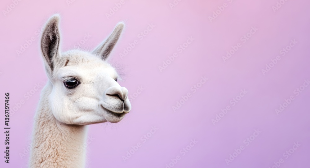 Fototapeta premium Close-up portrait photo of a young white llama with a curious look, set against a soft lavender background