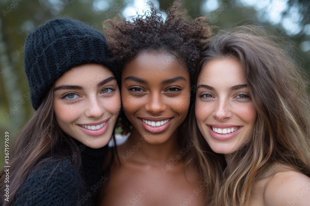 Three young women taking selfie pic with smart mobile phone device outside - Multiracial women smiling at camera together Three young women taking selfie pic with smart mobile phone device outside - Multiracial women smiling at camera together