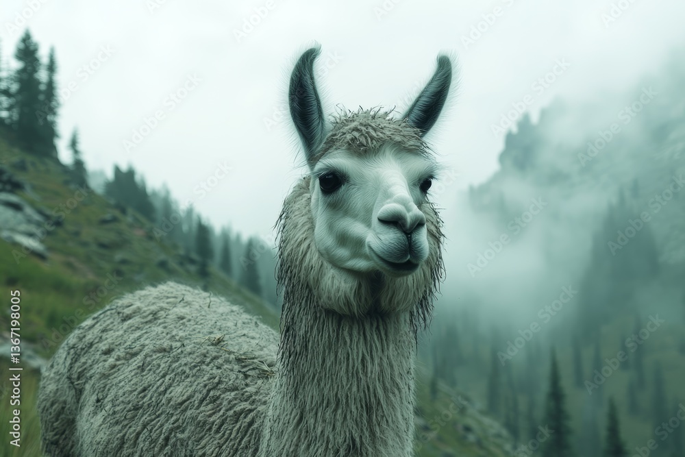 Fototapeta premium Close-up portrait photo of an adult gray llama with dark eyes and a serene look, set against a misty mountain background