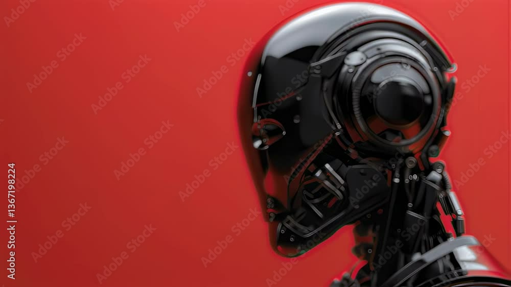 Metallic robot head with futuristic design on red backdrop motion video. Artificial intelligence concept clip for science, security tech and robotic technology. Metallic robot head with futuristic design on red backdrop motion video. Artificial intelligence concept clip for science, security tech and robotic technology.