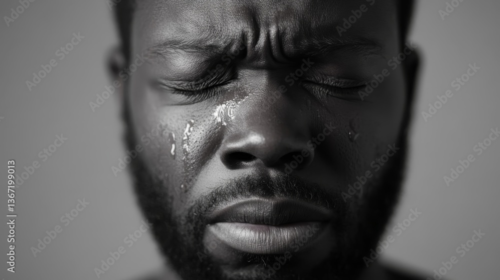 Emotional portrait of a man expressing deep sadness with tears streaming down his face in a monochrome setting Emotional portrait of a man expressing deep sadness with tears streaming down his face in a monochrome setting