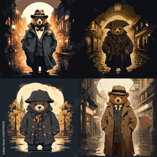 Noir cartoon bear characters in trench coats and hats, set in moody rainy streets. Ideal for mystery stories, detective themes, vintage art, and whimsical character illustrations.

