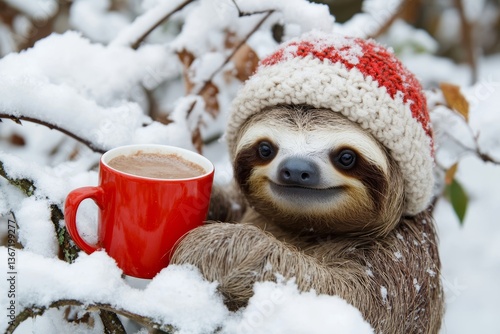 The sloth in a knitted winter hat sitting near a mug of hot cocoa surrounded by snow-covered branches