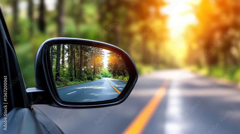 car side mirror reflects scenic road lined with trees, disappearing into distance under warm, glowing sunset. vibrant colors create serene and peaceful atmosphere car side mirror reflects scenic road lined with trees, disappearing into distance under warm, glowing sunset. vibrant colors create serene and peaceful atmosphere