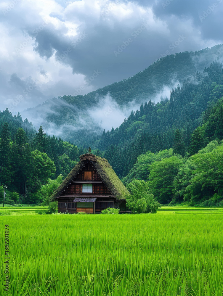Obraz premium Alpine cottage in a lush green meadow with mountain views under a cloudy sky