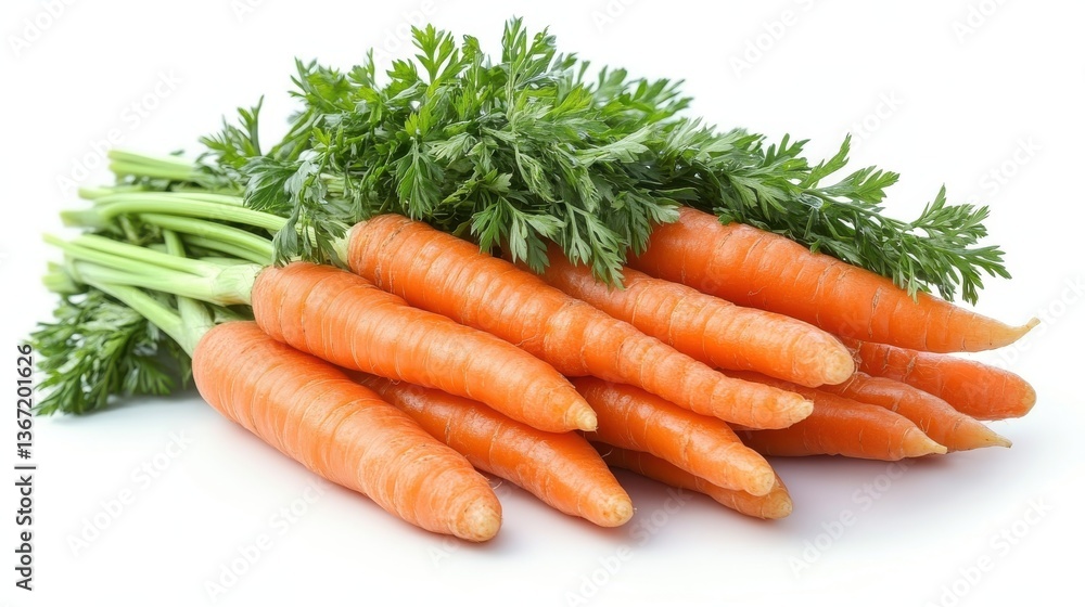 a bunch of vibrant orange baby carrots with green tops freshly harvested on a white background a bunch of vibrant orange baby carrots with green tops freshly harvested on a white background