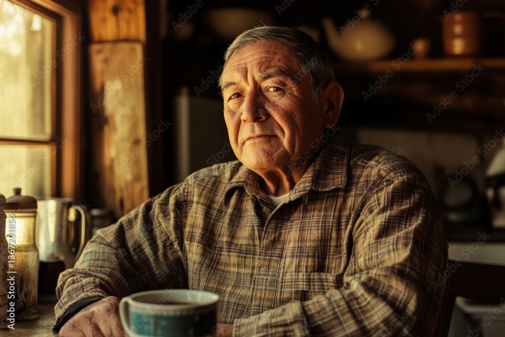 An older man, Hispanic descent, enjoying a moment of reflection while sipping coffee in a rustic kitchen, framed by warm natural tones, The Male Consumer An older man, Hispanic descent, enjoying a moment of reflection while sipping coffee in a rustic kitchen, framed by warm natural tones, The Male Consumer
