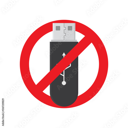 No Usb stick, Flash drive prohibition icon sign. No or stop red circle and usb flash drive sign isolated on white background.