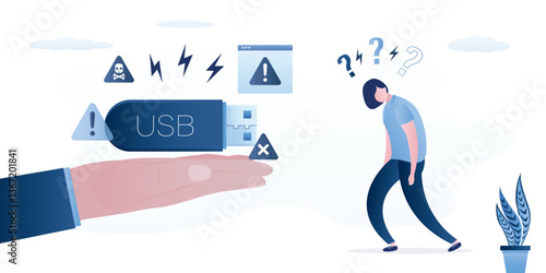 Hacker hand give woman user USB drive with virus. Malware are secretly hidden in the USB drive make problem to computer and data file. Hacker attack, data stealing, ransomware.