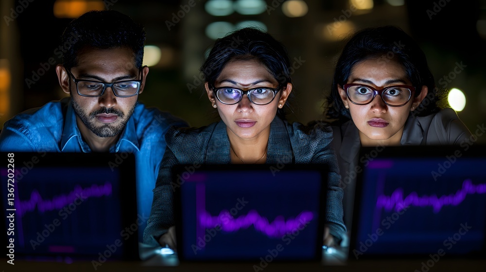 Business Team Analyzing Data Trends on Laptops in a Modern Office at Night Business Team Analyzing Data Trends on Laptops in a Modern Office at Night