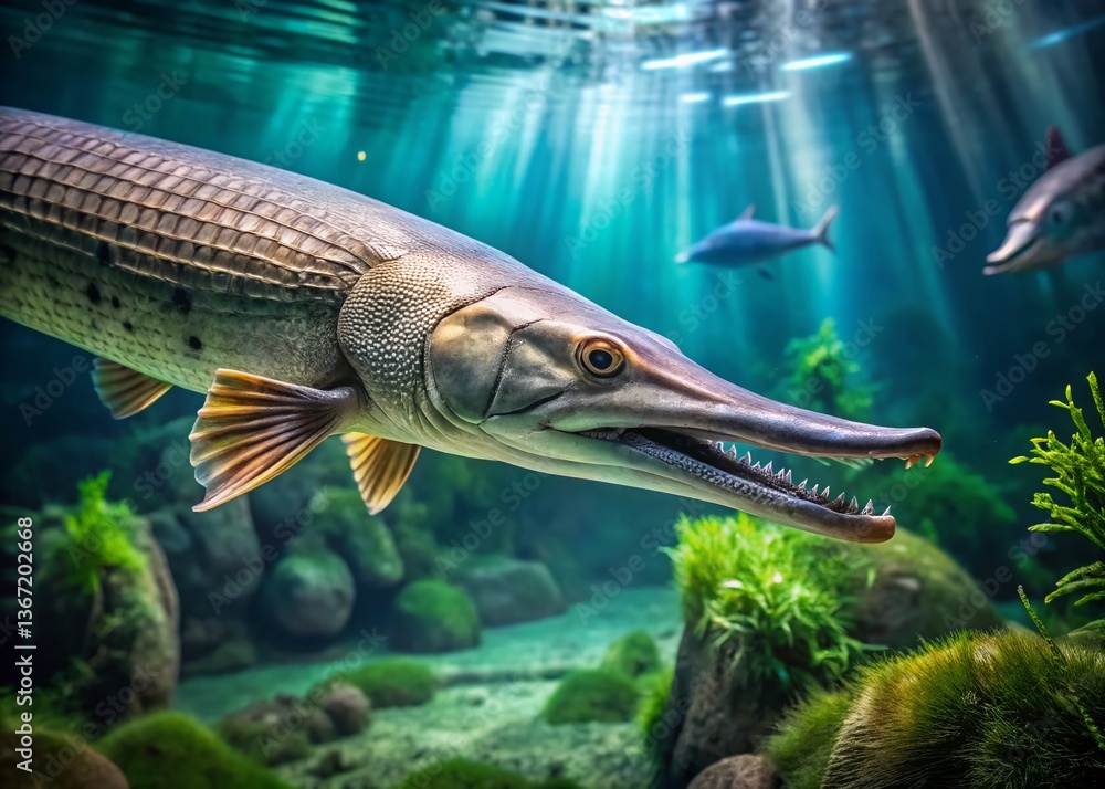 Fototapeta premium 4K Panoramic Close-up of a Massive Alligator Gar in Aquarium