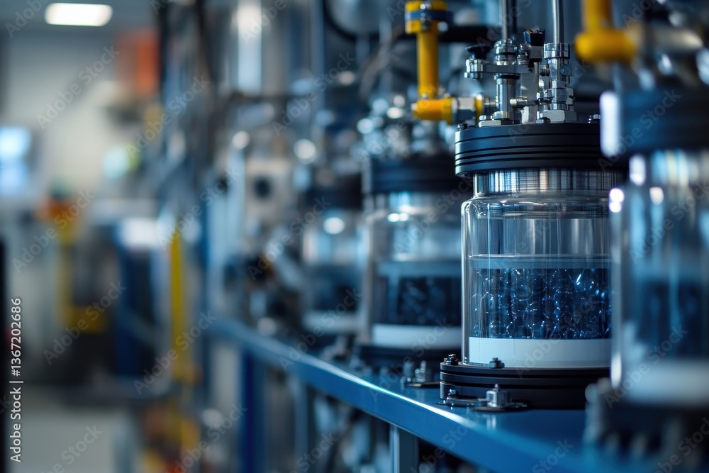 Naklejka premium Glass vessels filled with liquid sit in a lab research setting. It could be used to illustrate science or laboratory research concepts.