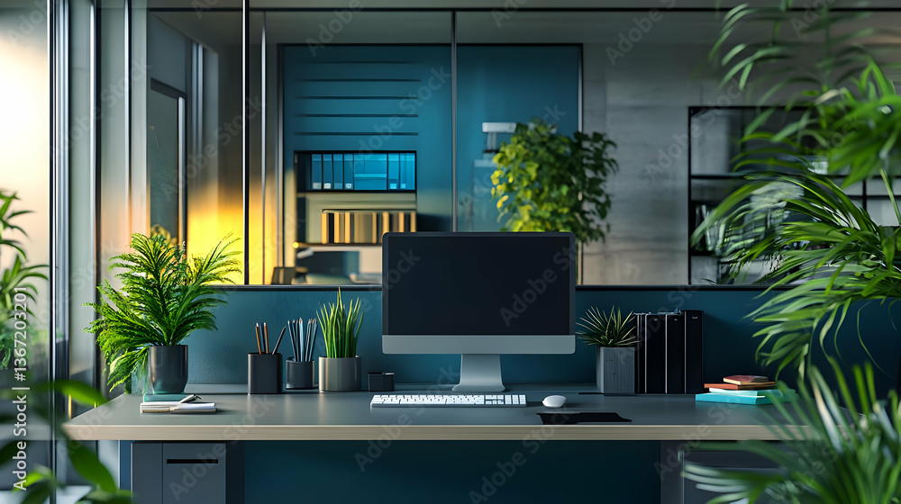 Modern Office Workspace with Computer Plants and Natural Light in Blue and Gray Interior Design For Product Mockups and Professional Use Modern Office Workspace with Computer Plants and Natural Light in Blue and Gray Interior Design For Product Mockups and Professional Use