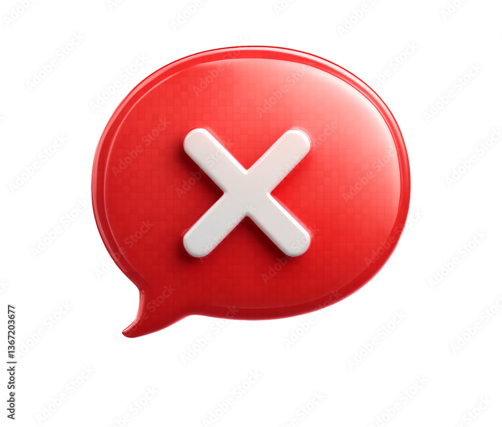 Obraz premium 3D red speech bubble with white X icon on transparent background, PNG