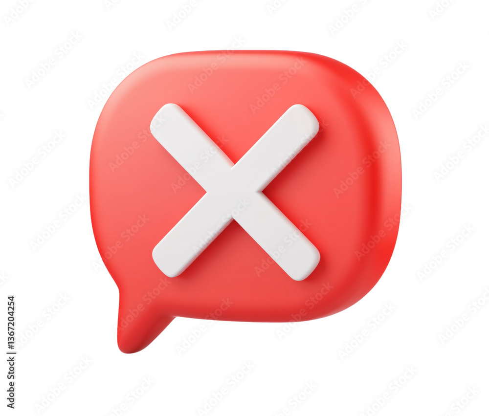 Fototapeta premium 3D red speech bubble with white X icon on transparent background, PNG
