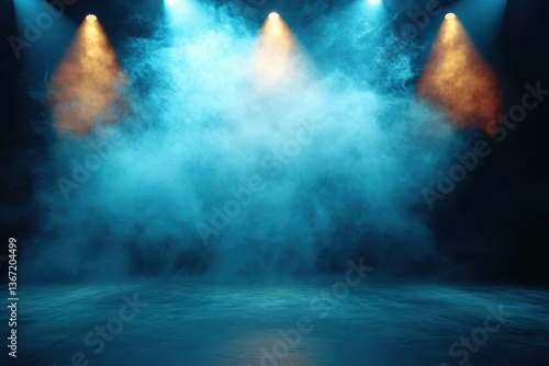 Wallpaper Mural A stage with blue smoke is illuminated by four warm spotlights from above. It's great for backgrounds, stage designs, or theatrical presentations. Torontodigital.ca