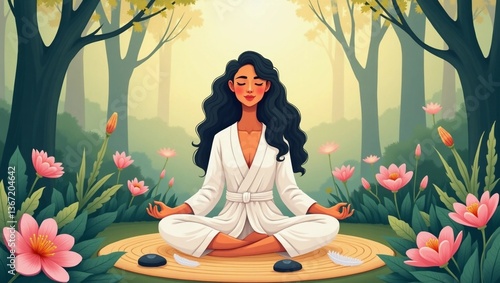 Serene Woman Meditating in a Whimsical Forest with Lush Greenery
