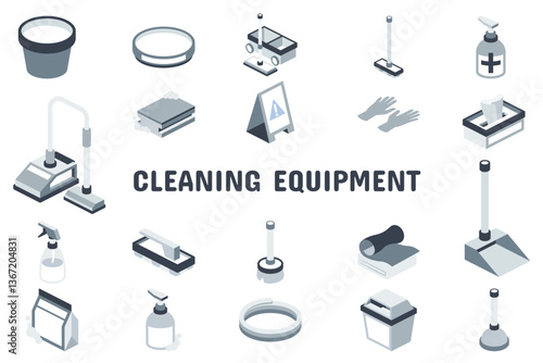 Cleaning Equipment Flat Vector Illustration Icon Sticker Set Design Materials