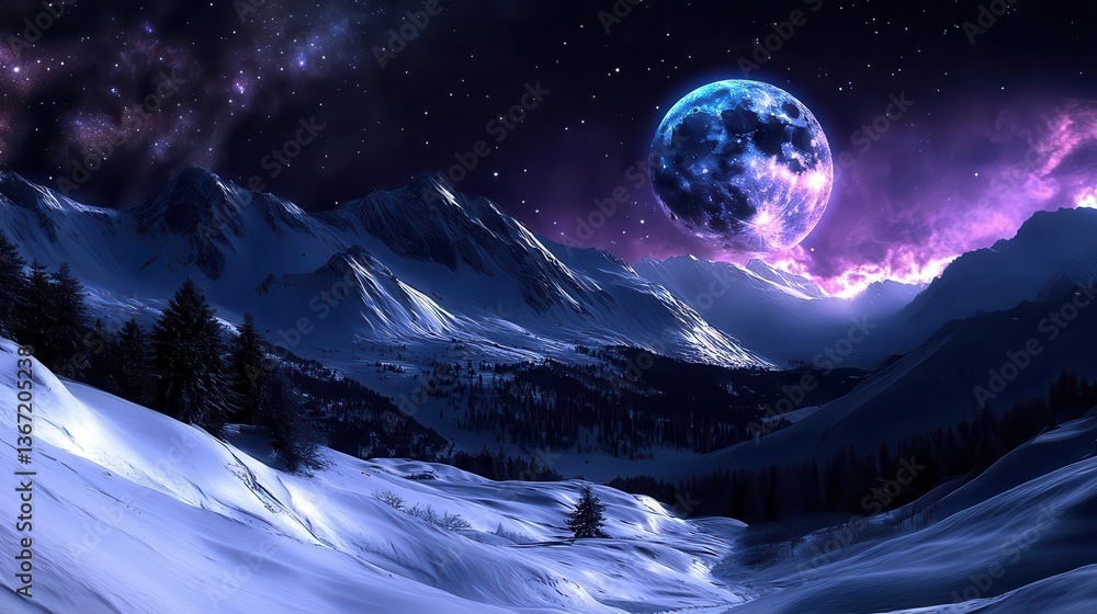 Majestic Snowy Mountains Under a Cosmic Sky with a Large Moon at Night Majestic Snowy Mountains Under a Cosmic Sky with a Large Moon at Night