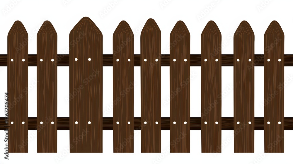 Traditional Wooden Fence with Distinctive Pointed Tops in Rich Brown Color Traditional Wooden Fence with Distinctive Pointed Tops in Rich Brown Color