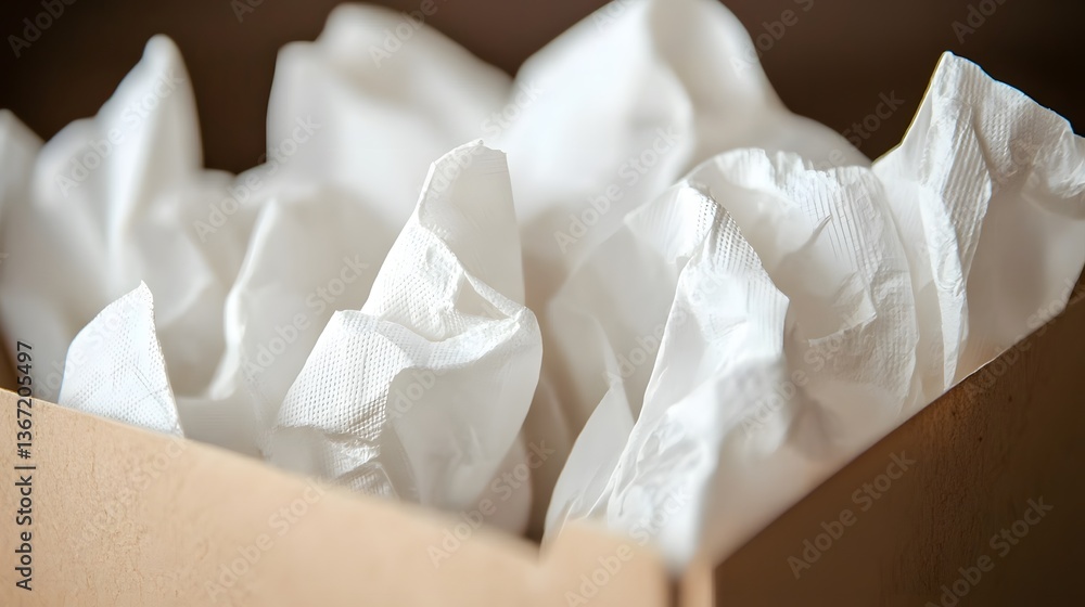 Closeup of Crumpled White Tissues in a Wooden Box on a Soft Focus Background Closeup of Crumpled White Tissues in a Wooden Box on a Soft Focus Background