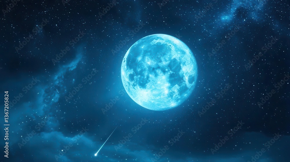 Fototapeta premium Bright Blue Full Moon Glowing in a Starry Night Sky with Wispy Clouds and Cosmic Atmosphere