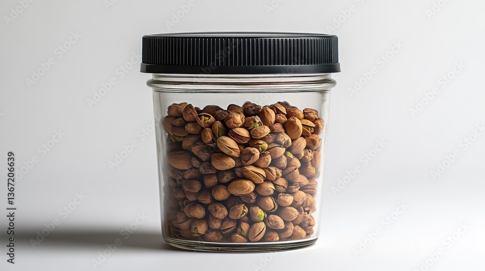 a glass jar filled with shelled pistachios tightly sealed with a black lid the jar is placed against a white background highlighting the nuts natural brown,green hues a glass jar filled with shelled pistachios tightly sealed with a black lid the jar is placed against a white background highlighting the nuts natural brown,green hues