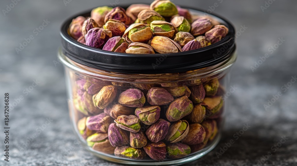 a glass jar filled with shelled pistachios tightly sealed with a black lid the jar is placed against a white background highlighting the nuts natural brown,green hues a glass jar filled with shelled pistachios tightly sealed with a black lid the jar is placed against a white background highlighting the nuts natural brown,green hues