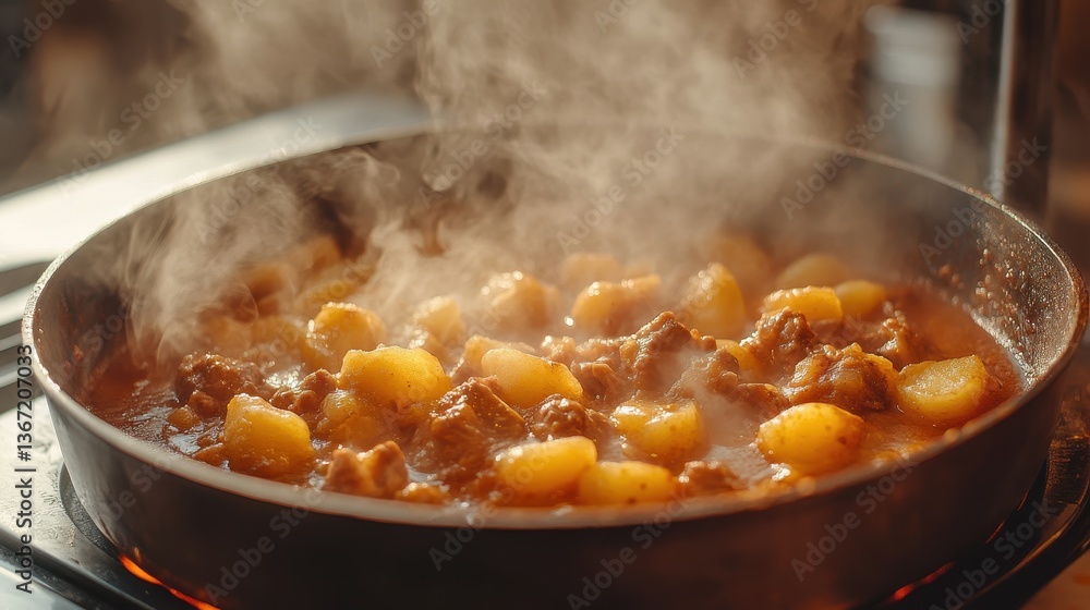 Steaming beef stew with potatoes in a pan, a comforting meal. Showcase delicious, home-cooked dishes, and cooking concepts. Steaming beef stew with potatoes in a pan, a comforting meal. Showcase delicious, home-cooked dishes, and cooking concepts.