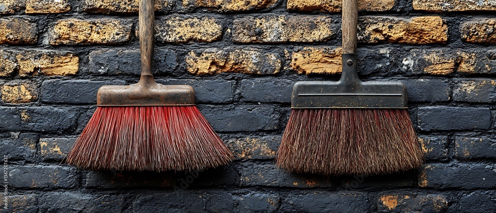 custom made wallpaper toronto digitalTwo vintage brooms with wooden handles hanging on a brick wall