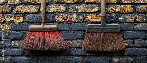 Wallpaper Mural Two vintage brooms with wooden handles hanging on a brick wall Torontodigital.ca