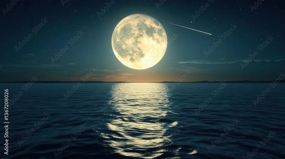 Bright Full Moon Over Ocean Waters Reflecting Stars and a Serene Night Sky at Dusk Bright Full Moon Over Ocean Waters Reflecting Stars and a Serene Night Sky at Dusk