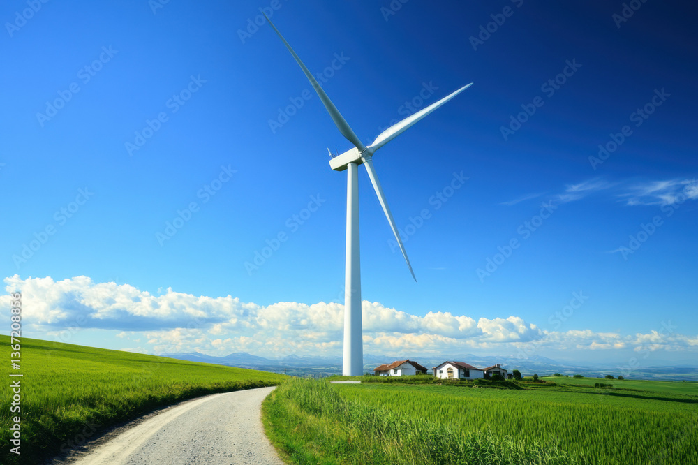 Fototapeta premium Wind turbines in a green field with blue sky and summer landscape, symbolizing renewable energy and ecology