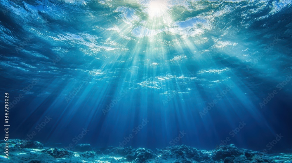 Fototapeta premium Sunlight streams into the deep, blue ocean water from above the surface. Use it for oceanography, marine life, or inspirational, calming backgrounds.