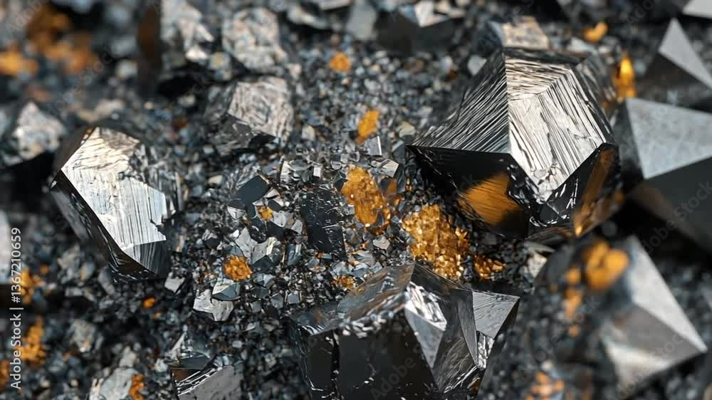 Close-up view of shiny black mineral with small golden mineral specks and crystals. Close-up view of shiny black mineral with small golden mineral specks and crystals.
