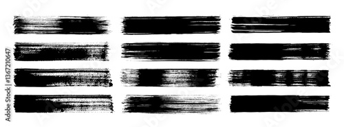 Straight line grungy vector brush strokes. Black hand drawn stripes, smears. Chinese or Japanese calligraphy brushstroke set. Rough grunge thick paint line texture. Vintage sketch rectangle text boxes