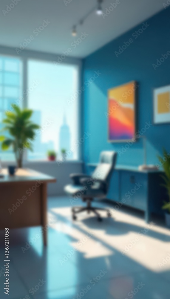 Blurred modern office, abstract blue tones, stylish workspace mockup, idea, banner Blurred modern office, abstract blue tones, stylish workspace mockup, idea, banner