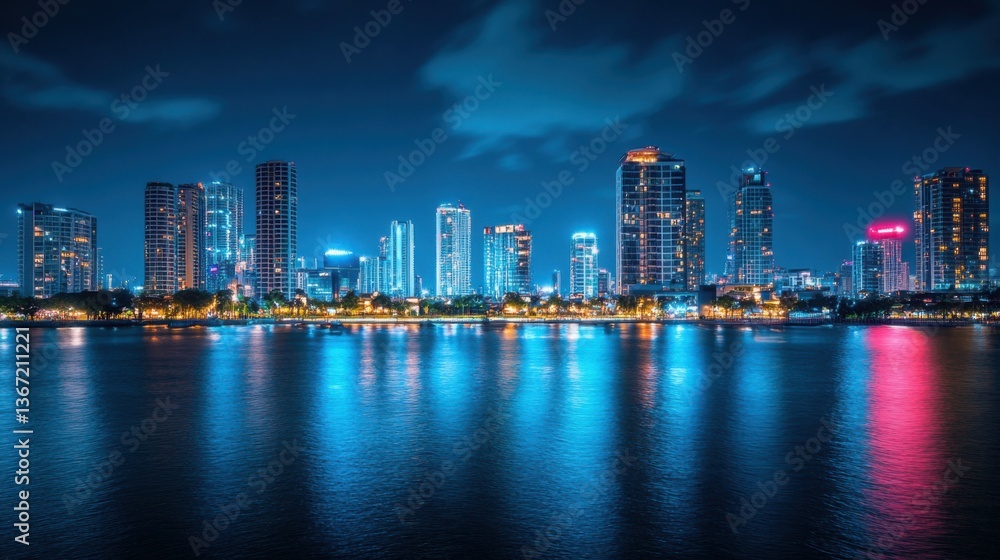 Naklejka premium Dramatic Modern City Skyline Reflection on Water at Night with Blue and Neon Lights