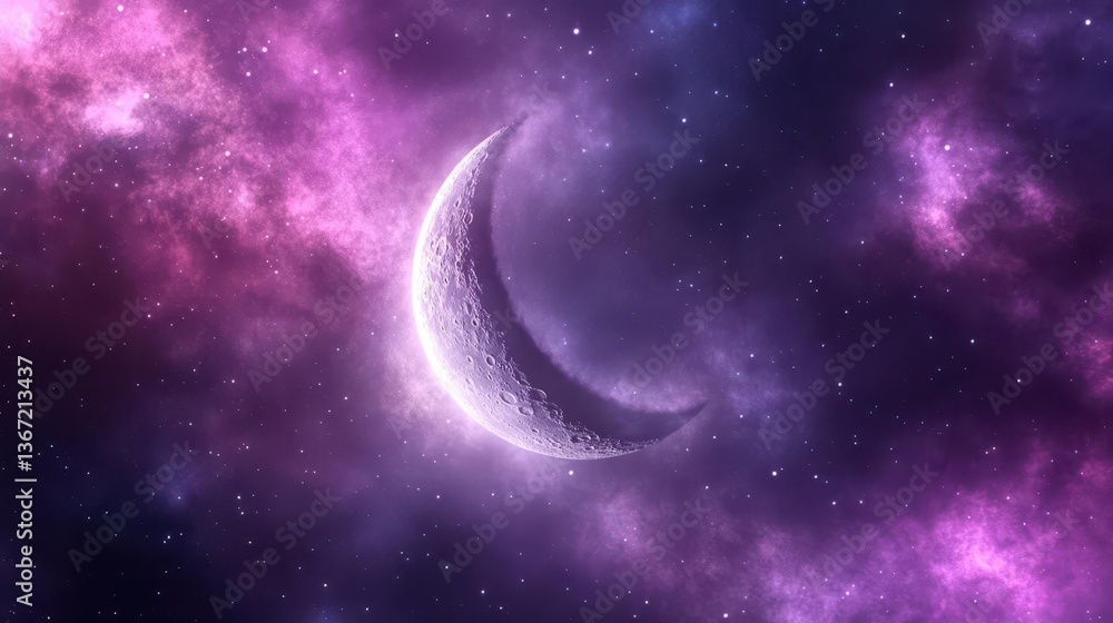 Fototapeta premium Ethereal Crescent Moon Surrounded by Cosmic Purple and Pink Nebula in Starry Night Sky
