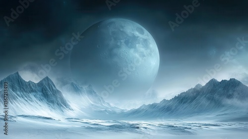 Eerie Moonlit Landscape with Majestic Mountains and Snow-Covered Terrain Under a Starry Sky