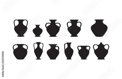 Retro clay pot and water jug silhouette set in artistic vector