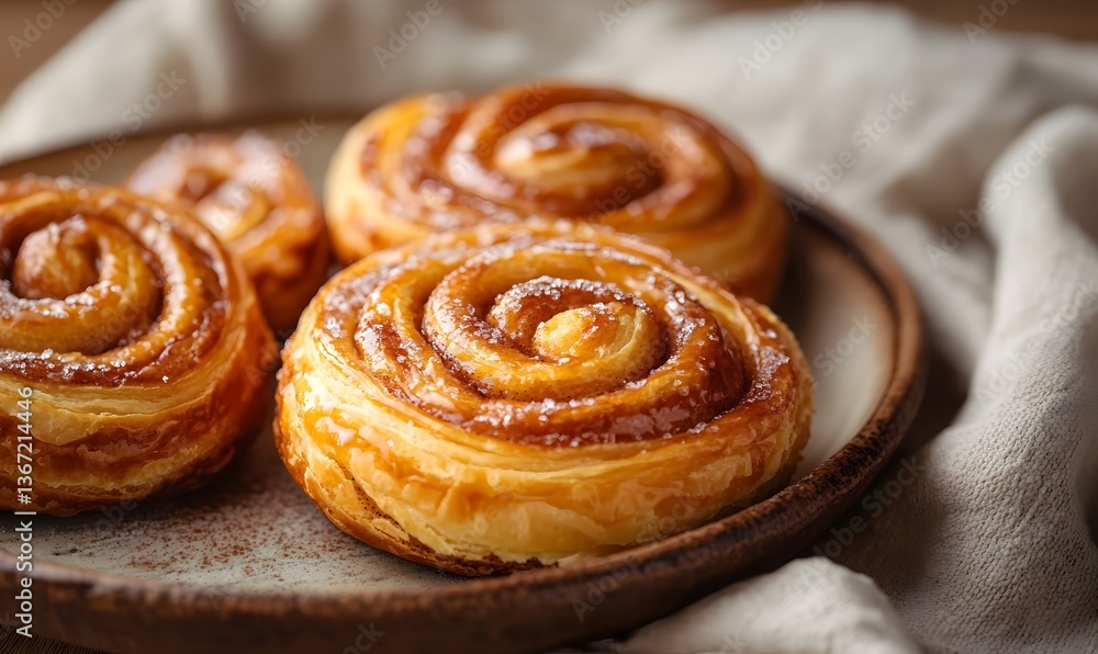 freshly baked cinnamon Danishes arranged on a rustic ceramic plate, Generative AI freshly baked cinnamon Danishes arranged on a rustic ceramic plate, Generative AI