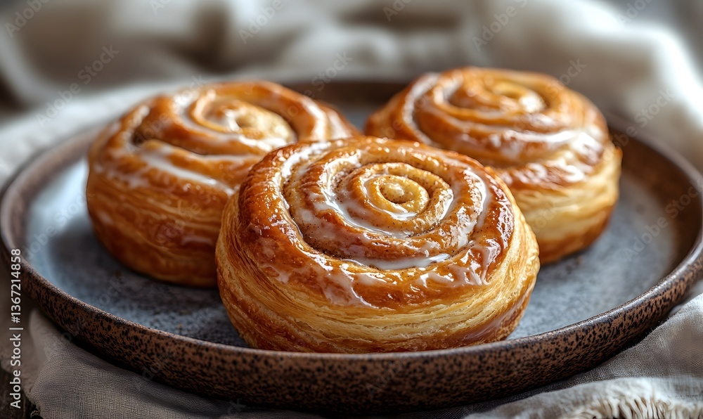 freshly baked cinnamon Danishes arranged on a rustic ceramic plate, Generative AI freshly baked cinnamon Danishes arranged on a rustic ceramic plate, Generative AI
