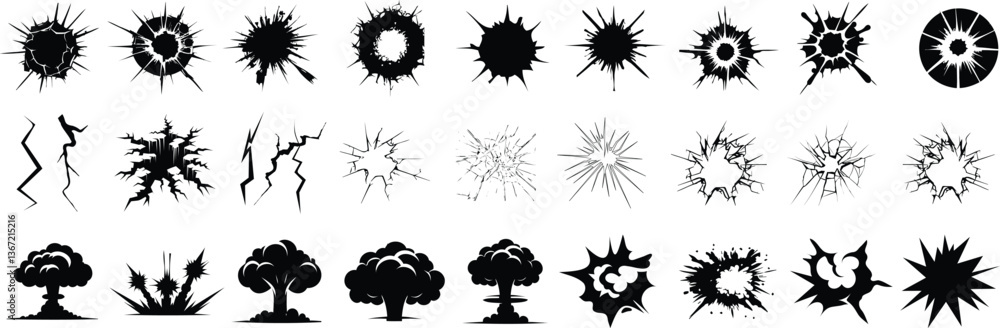 Explosion, crack, and bullet hole silhouettes in vector style. Damaged glass, shattered impact, and burst effects ideal for comic books, gaming, digital art, and action theme graphic design projects